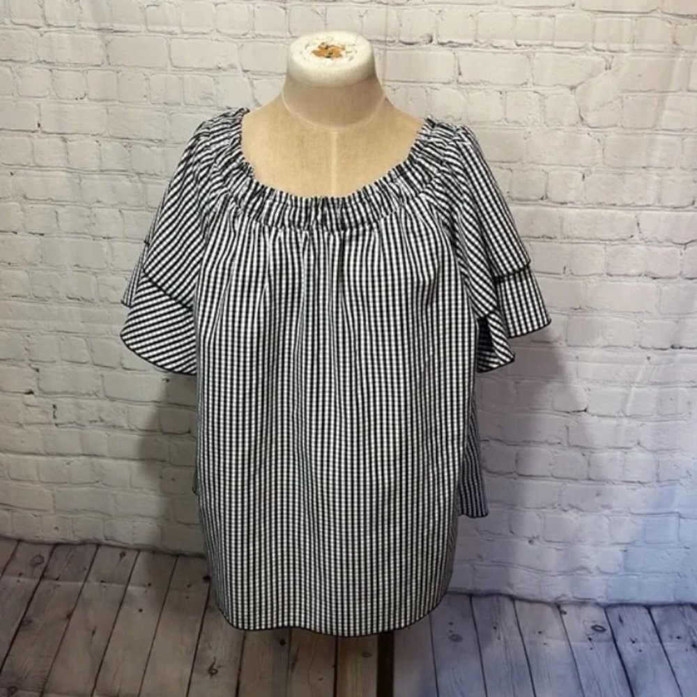 Cottagecore Off the Shoulder Gingham Ruffle Sleeve Blouse Black White 1X